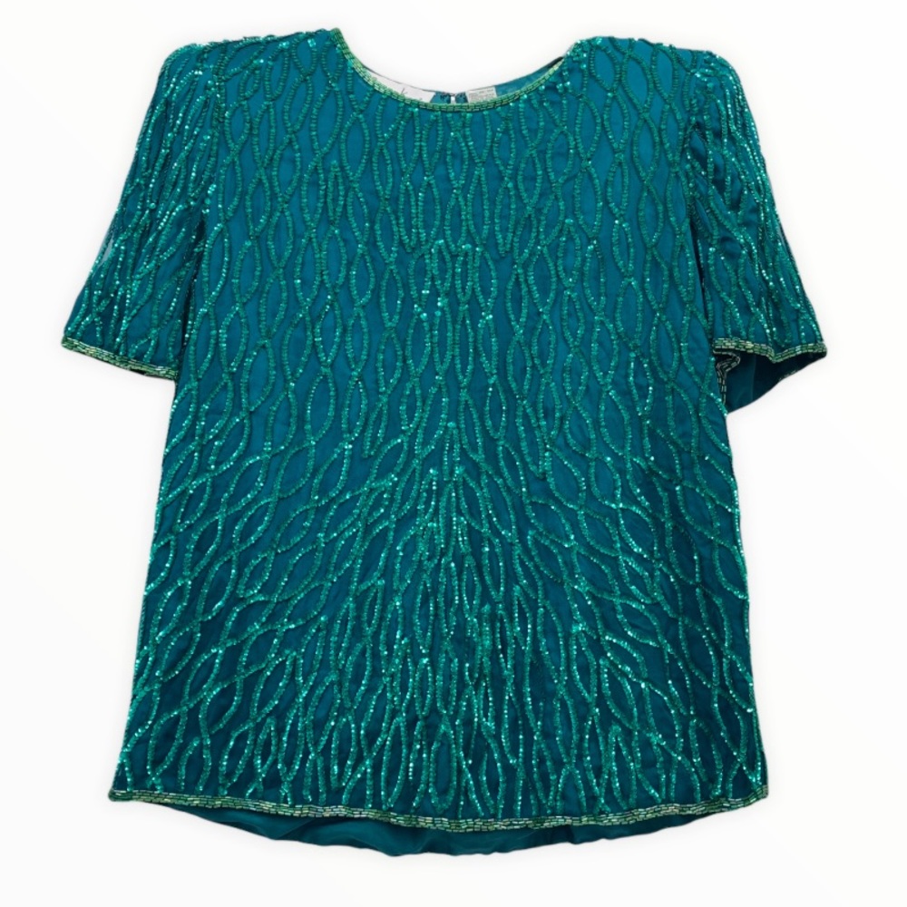 Laurence Kazar Vintage Bling Sequin Silk Sea Green Blouse Top Holidays Formal
